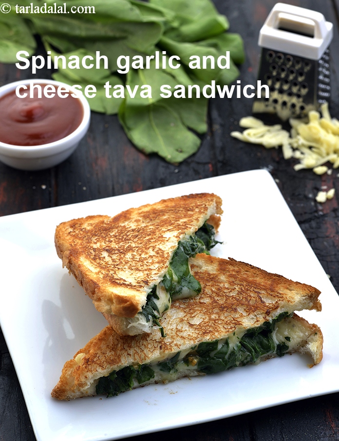 spinach garlic and cheese tava sandwich recipe | toasted spinach sandwich |