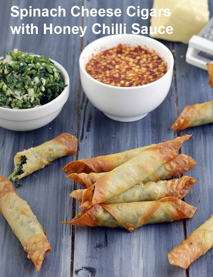 spinach cheese cigars recipe | spinach cheese cigars with honey chilli sauce |