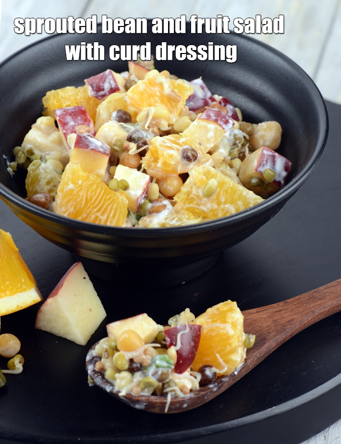 sprouted bean and fruit salad with curd dressing recipe | healthy IndianÂ bean fruit salad |Â 