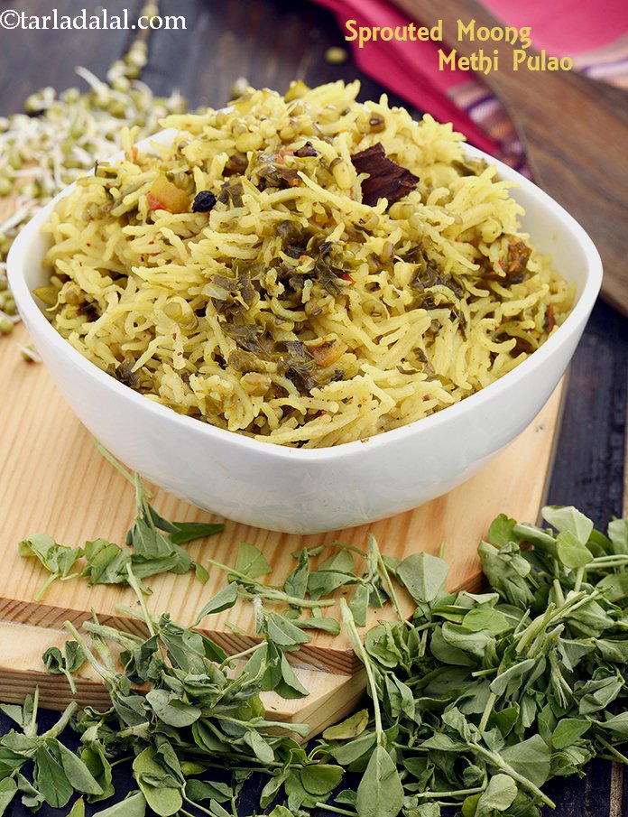 Sprouted Moong Methi Pulao recipe, Pressure Cooker Pulao