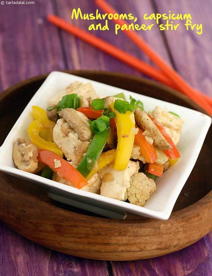 मशरुम, कॅप्सिकम एण्ड पनीर स्टर-फ्राय रेसिपी, Mushroom, Capsicum and Paneer Stir-fry Recipe In Hindi