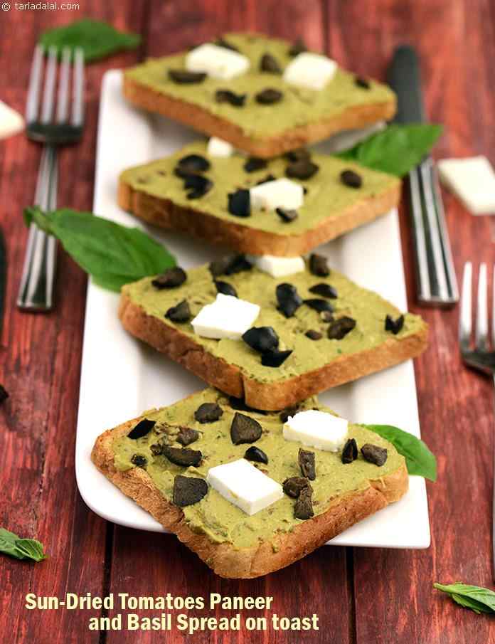 Paneer-Sundried Tomato Bruschetta |  Mediterranean Paneer Toast |  Sun-dried Tomato, Paneer and Basil Spread On Toast |