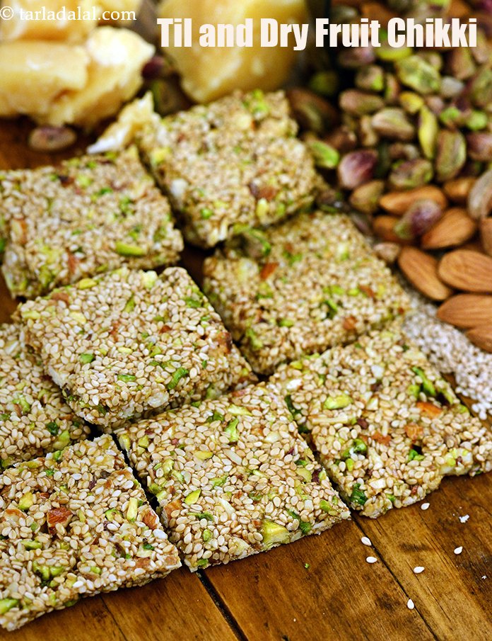 til and dry fruit chikki recipe | dry fruit til chikki |