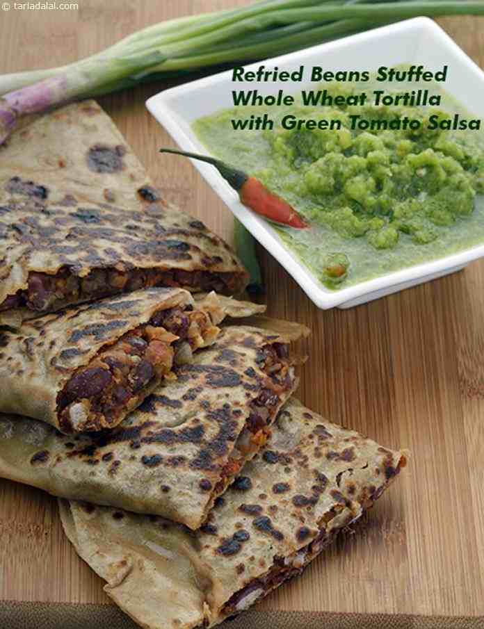 Refried Beans Stuffed Whole Wheat Tortilla with Green Tomato Salsa recipe, Healthy Recipes