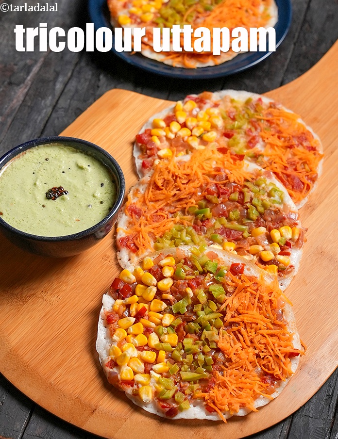 tricolour uttapam recipe | healthy tiranga uttapam | corn capsicum and carrots uttapam |