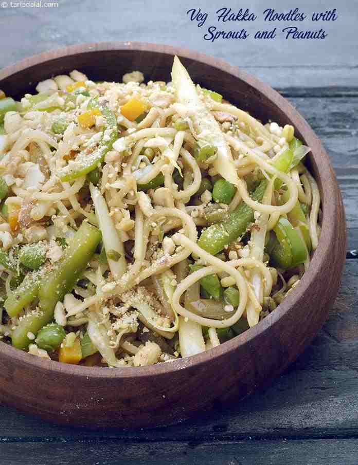 Veg Hakka Noodles with Sprouts and Peanuts recipe, Indian Vegetarian Recipes