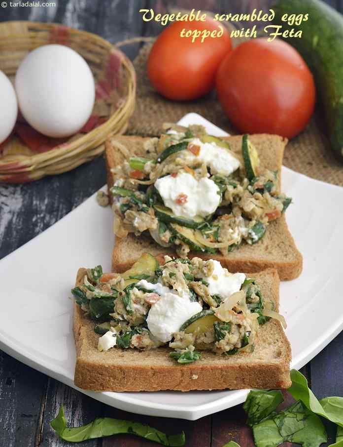 Vegetable Scrambled Eggs Topped with Feta recipe