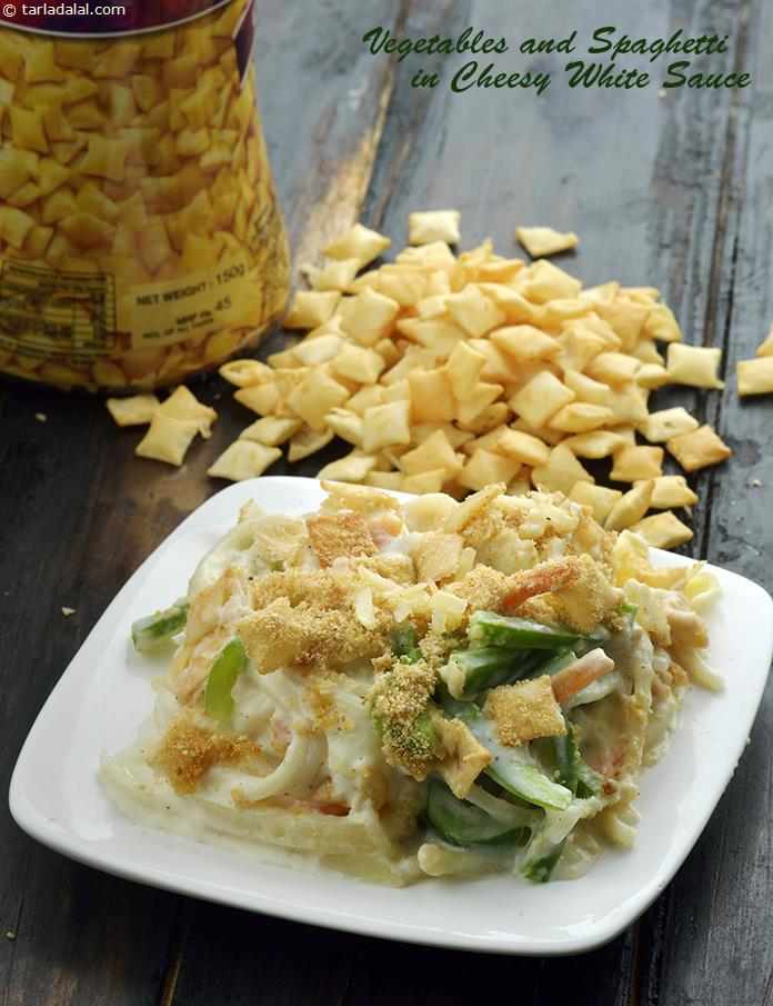 Vegetables and Spaghetti in Cheesy White Sauce recipe, Indian Microwave Recipes
