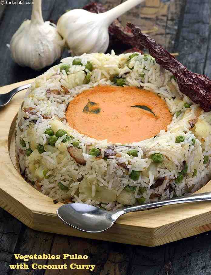 Vegetables Pulao with Coconut Curry recipe, Vegetarian Pulao