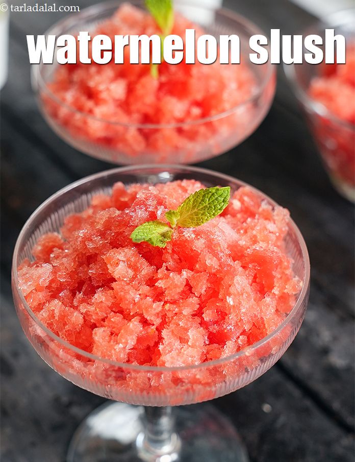 watermelon slush | healthy frozen Indian watermelon summer dessert | 3 ingredient watermelon sorbet | no sugar tarbuj dessert | 