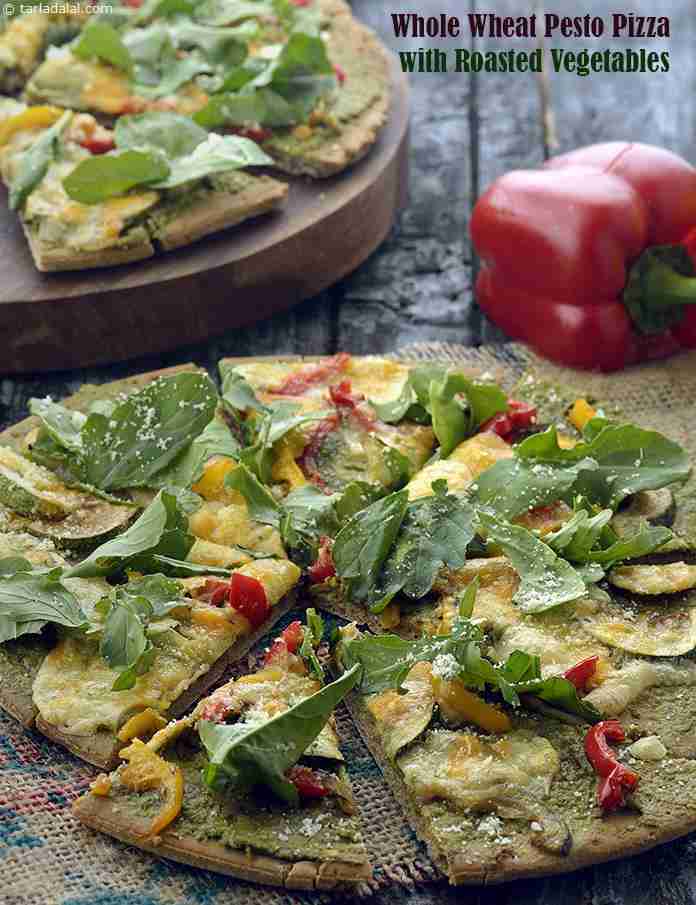Whole Wheat Pesto Pizza with Roasted Vegetables recipe