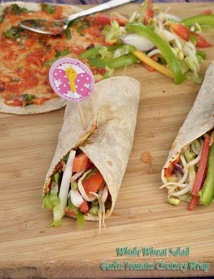 Whole Wheat Salad Garlic Tomato Chutney Wrap recipe