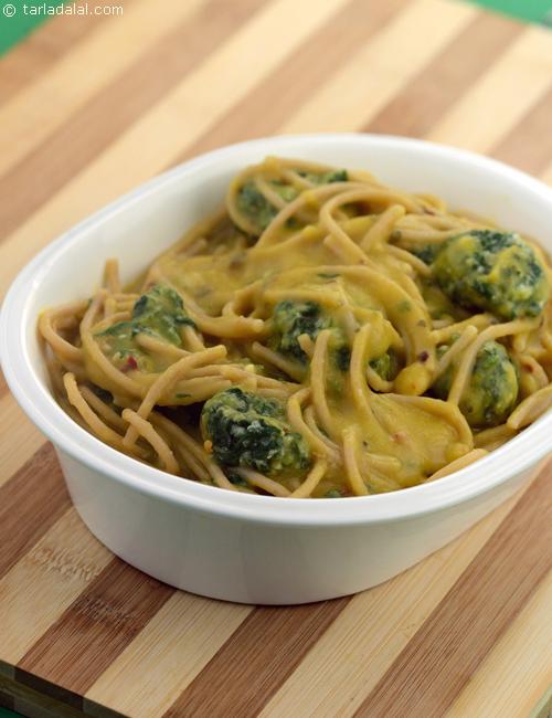 Whole Wheat Spaghetti with Spinach Dumplings in Pumpkin Sauce