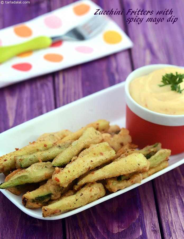ज़ूकिनी फ्रिटर्स विद स्पाईसी मेयो डिप रेसिपी, Zucchini Fritters with Spicy Mayo Dip Recipe In Hindi