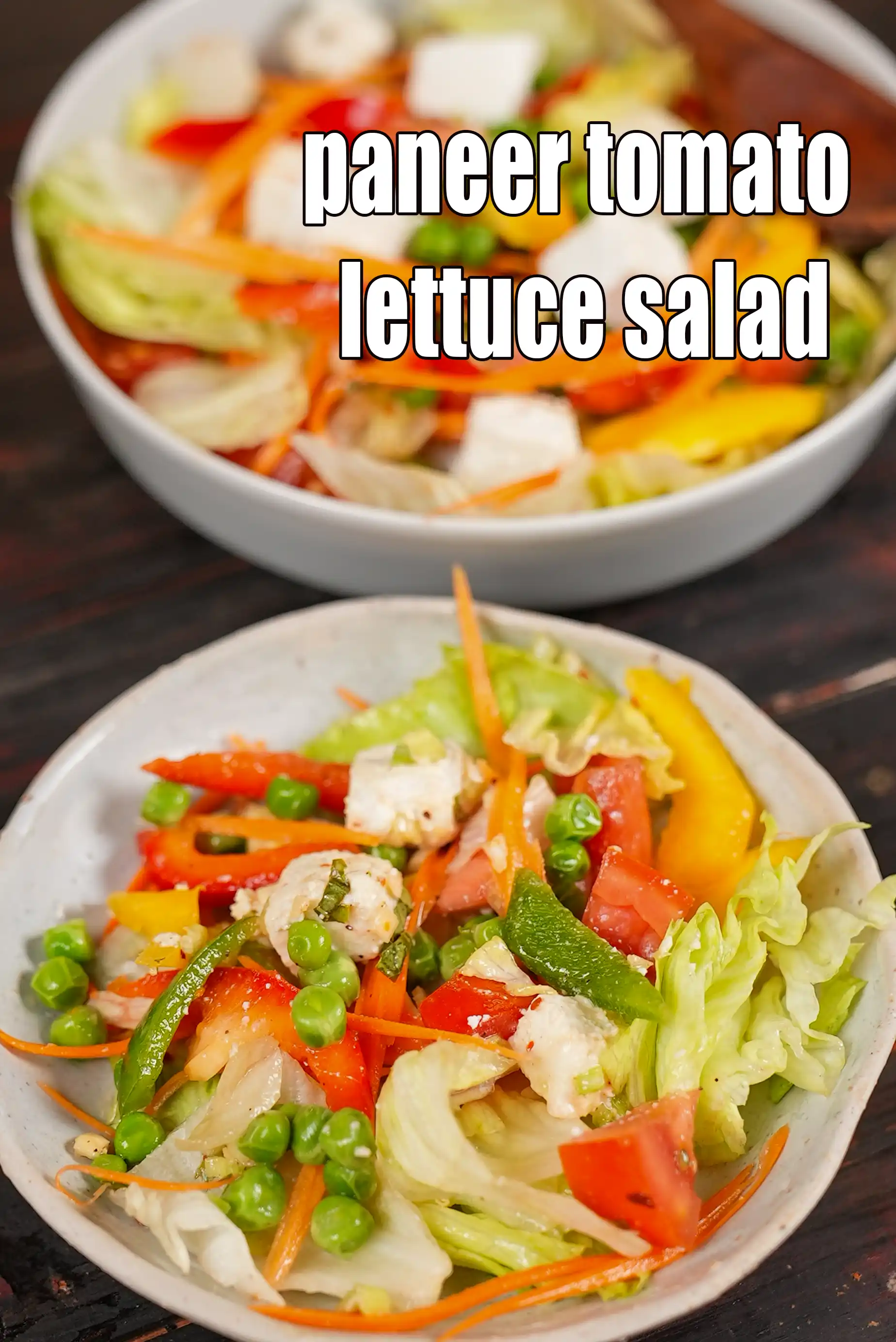 paneer tomato lettuce salad recipe | paneer salad for weight loss | green peas, capsicum, celery salad | pregnancy salad | protein, fibre, vitamin b1 rich salad |