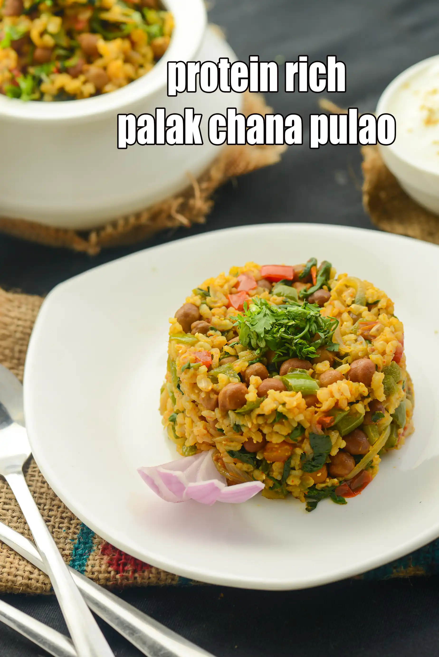 protein rich palak chana pulao recipe | healthy chana palak brown rice | healthy vegetable brown rice | Indian spinach brown rice pulao |