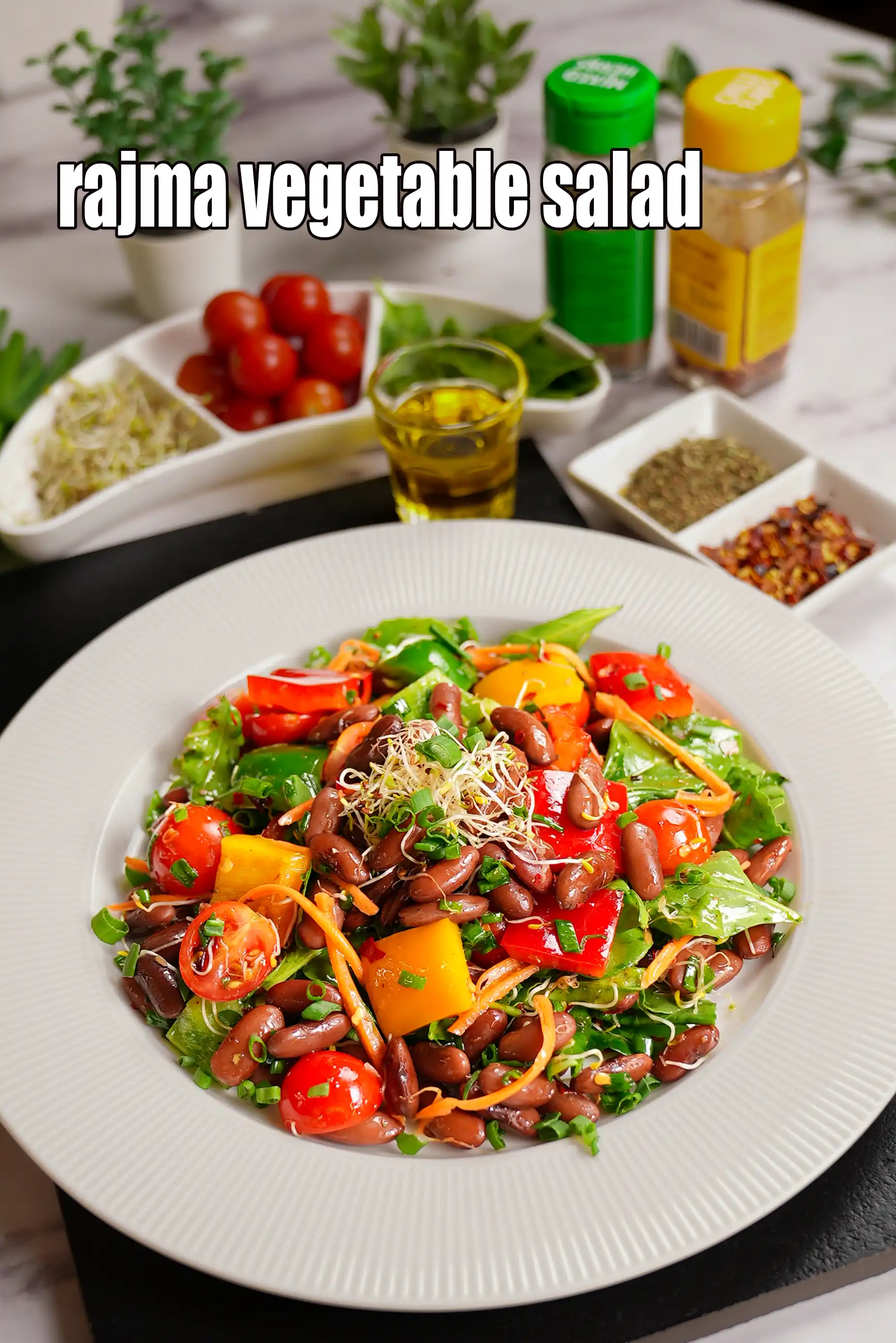 rajma vegetable salad recipe | healthy kidney beans salad with rocket leaves, baby spinach and tomatoes | Indian rajma lunch salad |