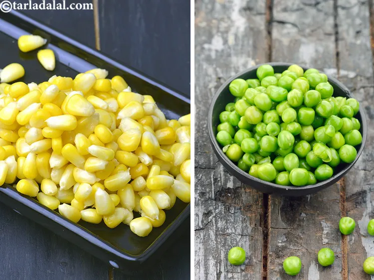 Step 6 – Sweet corn and green peas should be boiled till tender to use in this salad. …