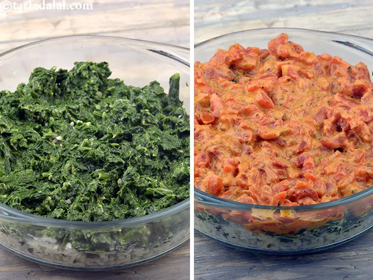 Step 75 – You can blanch the spinach and tomatoes&nbsp;in advance and keep them ready.