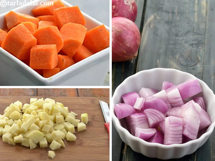 Step 3 – You can cut the carrot, onions and potatoes into cubes or roughly chop them. There …