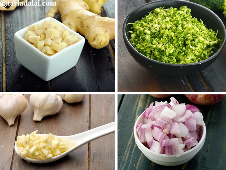 Step 26 – All vegetables (broccoli, onion, garlic and ginger) should be finely chopped so it is easy …