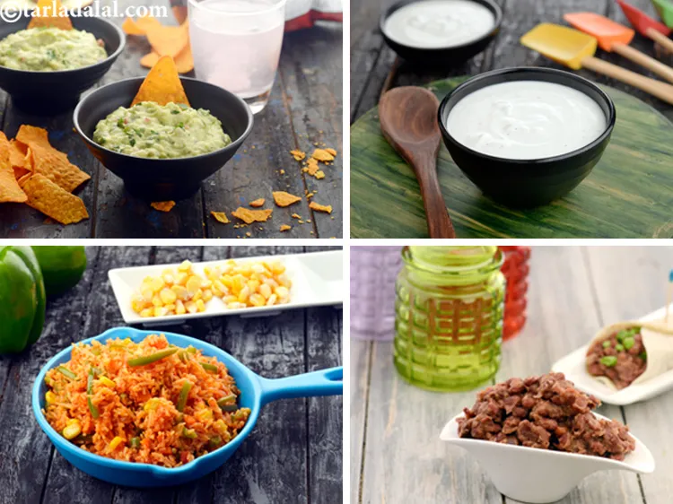 Step 8 – Mexican rice, refried beans, guacamole, sour cream can be made in advance and refrigerated.