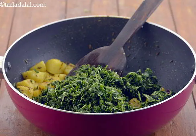 Step 12 – Add the fenugreek leaves now.