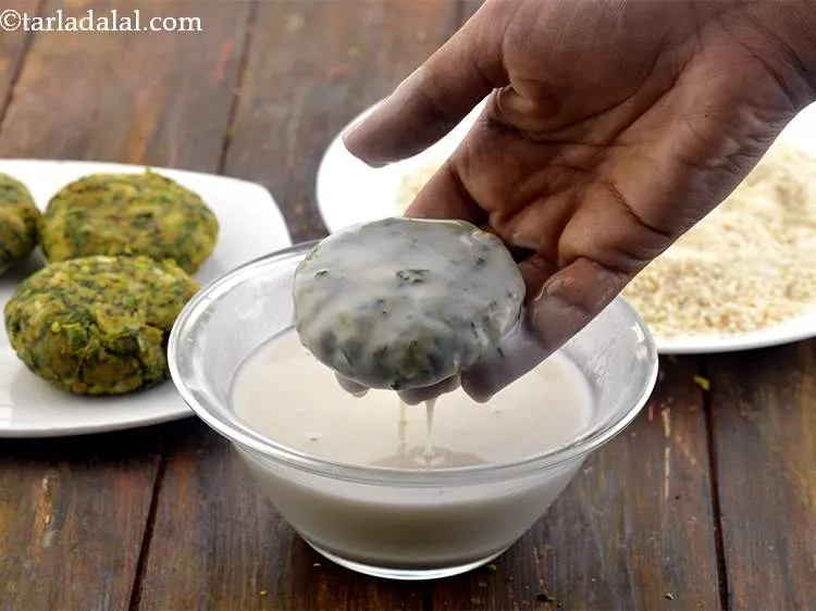 Step 24 – Dip the <strong>aloo methi tikki recipe | Indian aloo methi cutlet | potato fenugreek tikki …