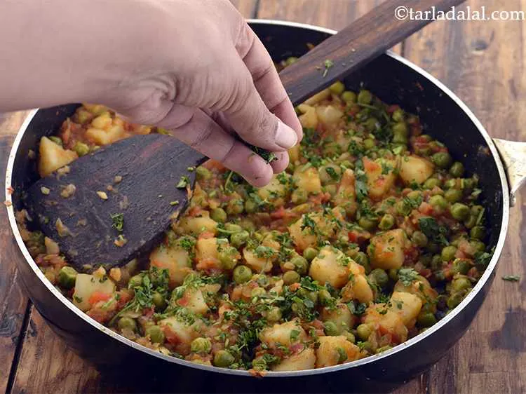 Step 19 – Garnish&nbsp;<strong>aloo mutter&nbsp;</strong>with coriander and serve hot with <a href="https://www.tarladalal.com/Roti-(-How-To-Make-Soft-Roti-Or-Phulka-Or-Chapati)-38565r">rotis</a> or <a href="https://www.tarladalal.com/Parathas--Plain-Paratha-Basic-Paratha-Recipe-2170r">parathas</a>.