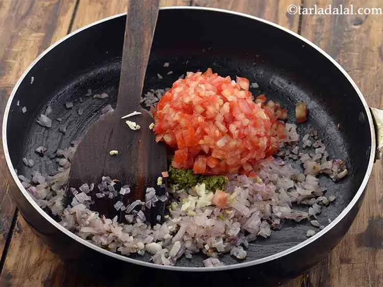 Step 6 – Add the tomatoes. Use tomato puree if you prefer slight gravy in the <strong>aloo matar …