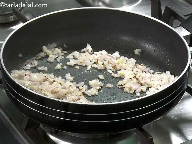 Step 4 – Add the onions and saut? on a medium flame for 1 to 2 minutes.
