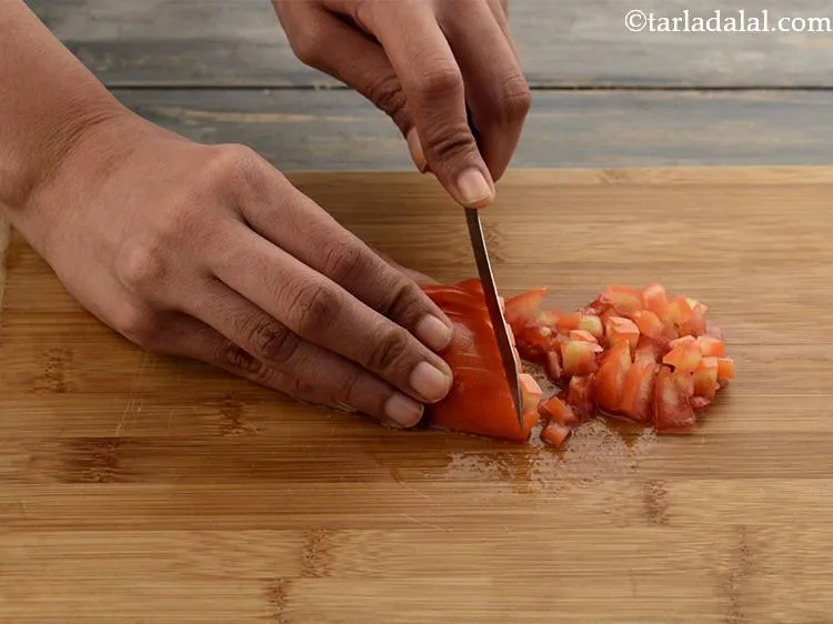 Step 7 – Now, chop the tomatoes after you have washed them. Always use a sharp knife to …