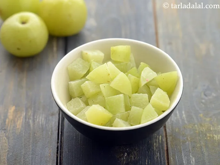 Step 10 – Roughly chop the amla for <strong>Amla Ginger Juice</strong>. You will need around &frac12; cup of …