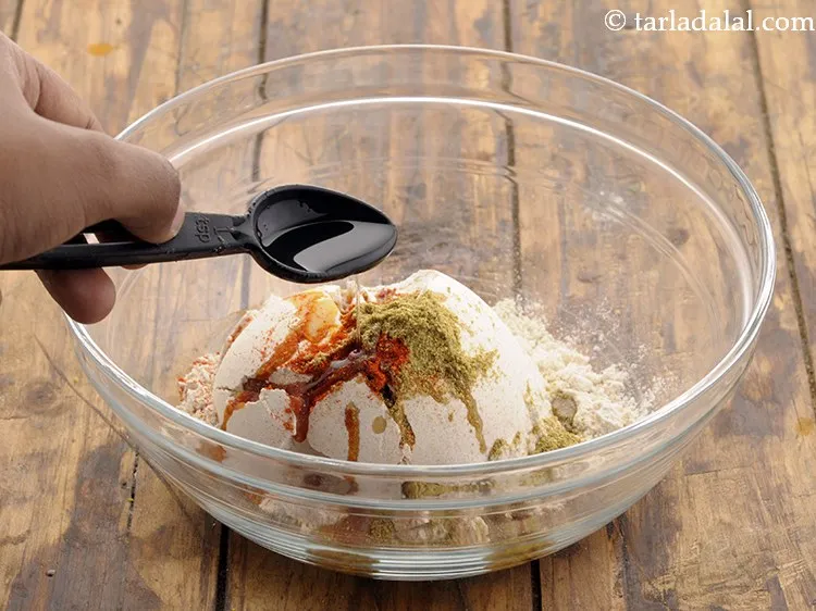 Step 5 – Add oil. Ghee/Olive oil can also be added as Moyan for the healthy puri recipe. …