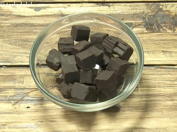 Step 12 – To prepare <strong>chocolate sauce</strong>, roughly chop the chocolate slab and place it in a microwave-safe …