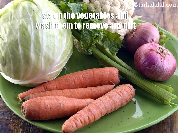 Step 3 – For the&nbsp;<strong>Clear Vegetable Stock</strong>, scrub the vegetables and wash them to remove any dirt.