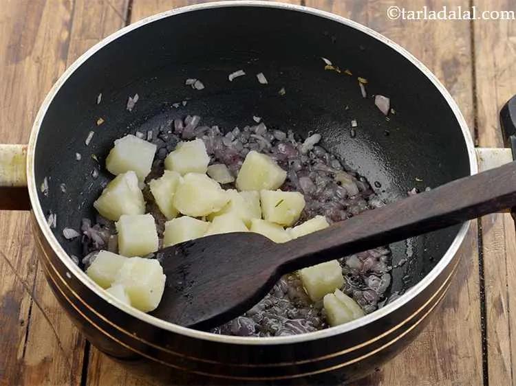Step 4 – Add the potatoes. We have boiled, peeled and cubed the potatoes. Here is an <a …