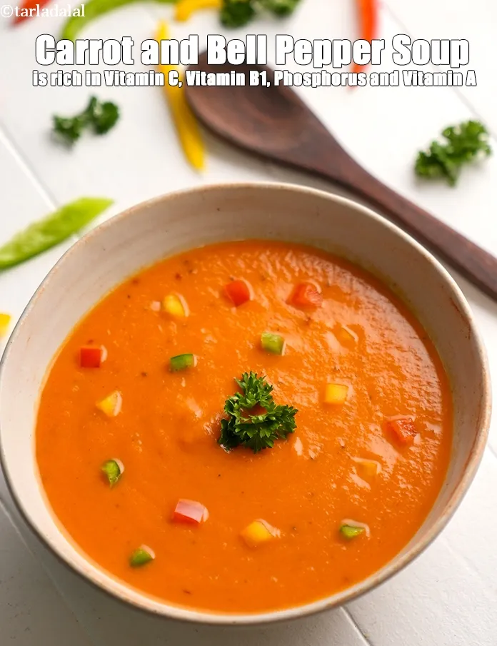 स्टेप 35 – <strong>गाजर और शिमला मिर्च सूप<strong>&nbsp;</strong>में</strong><strong>&nbsp;</strong><strong>यह</strong><strong>&nbsp;</strong><strong>अधिक</strong><strong>&nbsp;</strong><strong>होता</strong><strong>&nbsp;</strong><strong>है।</strong><strong>&nbsp;</strong><strong>मैक्रोन्यूट्रिएंट्स</strong><strong>,&nbsp;</strong><strong>विटामिन</strong><strong>&nbsp;</strong><strong>और</strong><strong>&nbsp;</strong><strong>खनिज</strong><strong>&nbsp;</strong><strong>अवरोही</strong><strong>&nbsp;</strong><strong>क्रम</strong><strong>&nbsp;</strong><strong>में</strong><strong>&nbsp;</strong><strong>दिए</strong><strong>&nbsp;</strong><strong>गए</strong><strong>&nbsp;</strong><strong>हैं</strong><strong>&nbsp;(</strong><strong>उच्चतम</strong><strong>&nbsp;</strong><strong>से</strong><strong>&nbsp;</strong><strong>निम्नतम</strong><strong>)</strong><strong>।</strong> <ol> <li>&nbsp;<a href=""https://www.tarladalal.com/recipes-for-vitamin-c-rich-indian-recipes-in-hindi-language-804"" target=""_blank""><strong>विटामिन</strong>&nbsp;<strong>सी</strong></a>&nbsp;&nbsp;(<strong>Vitamin C)&nbsp;</strong>: …