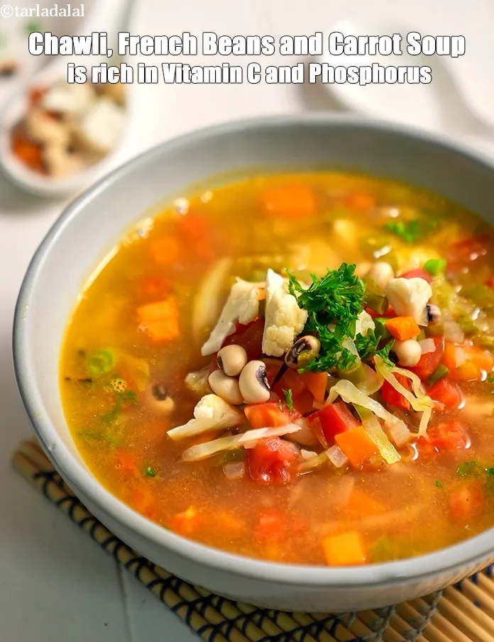 Step 34 – <strong>Chawli, French Beans and Carrot Soup&nbsp;is rich in below macronutrients, vitamins and minerals given in …