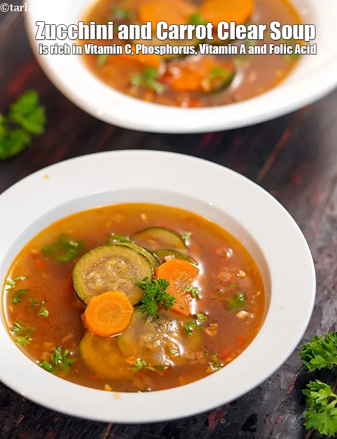 Step 26 – <strong>Zucchini and Carrot Clear Soup</strong>&nbsp;<strong>&nbsp;is rich in below macronutrients, vitamins and minerals given in descending&nbsp;order …