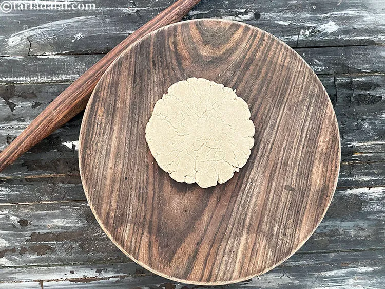 Step 36 – Roll out into a 75 mm. (3&quot;) diameter circle on with a belan.