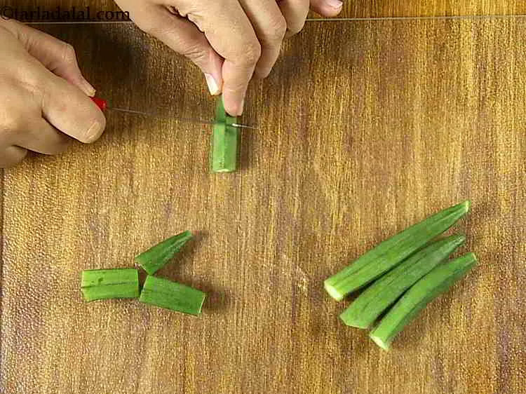 Step 5 – Cut them into 1&rdquo; pieces. If the bhindi is small, do not divide into two. …