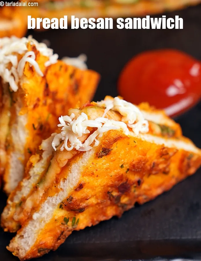 Step 29 – Serve <strong>besan toast sandwich | bread besan sandwich | chutney cheese besan toast </strong> immediately …