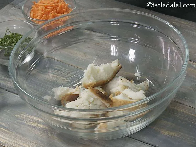 Step 5 – Crumble them and place them in a deep bowl. Bread provides a soft texture to …