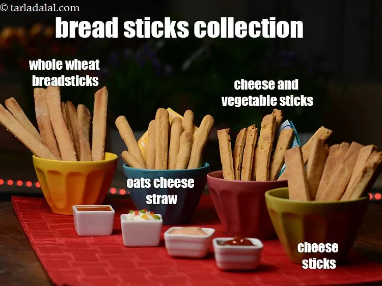 Step 32 – <strong>bread sticks collection</strong> : from right to left is<a href="https://www.tarladalal.com/whole-wheat-bread-sticks-3073r"> whole wheat breadsticks</a>, <a href="https://tarladalal.com/eggless-oats-cheese-straw-oatmeal-cheese-straws-33618r">oats …