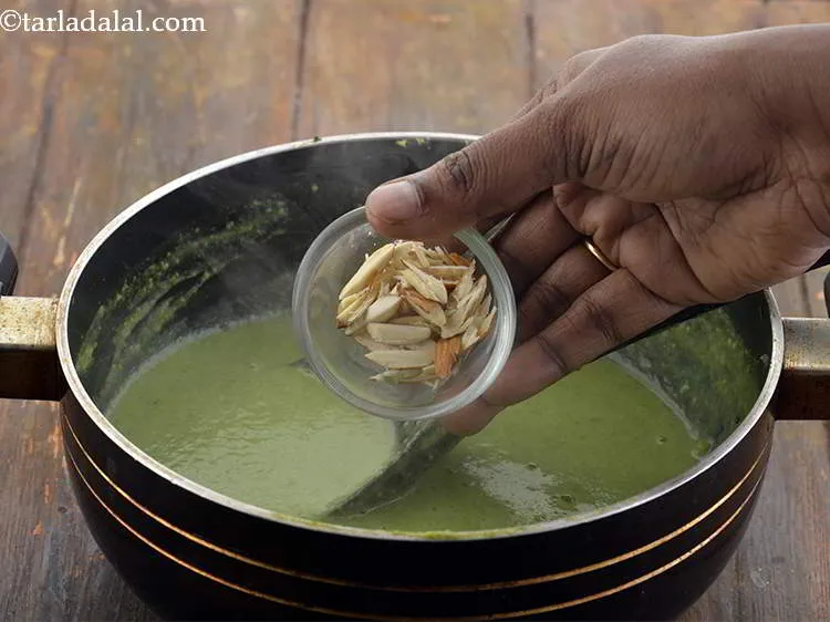 Step 19 – Add the roasted almond slivers to&nbsp;<strong>Broccoli and Almond Soup</strong>.