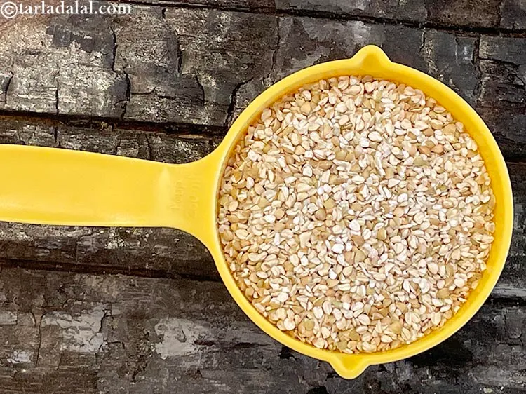 Step 14 – To soak buckwheat, take 1/2 cup&nbsp;<a href="https://www.tarladalal.com/glossary-buckwheat-kuttu-kutti-no-daro-kutto-427i">buckwheat (kuttu or kutti no daro)</a>.