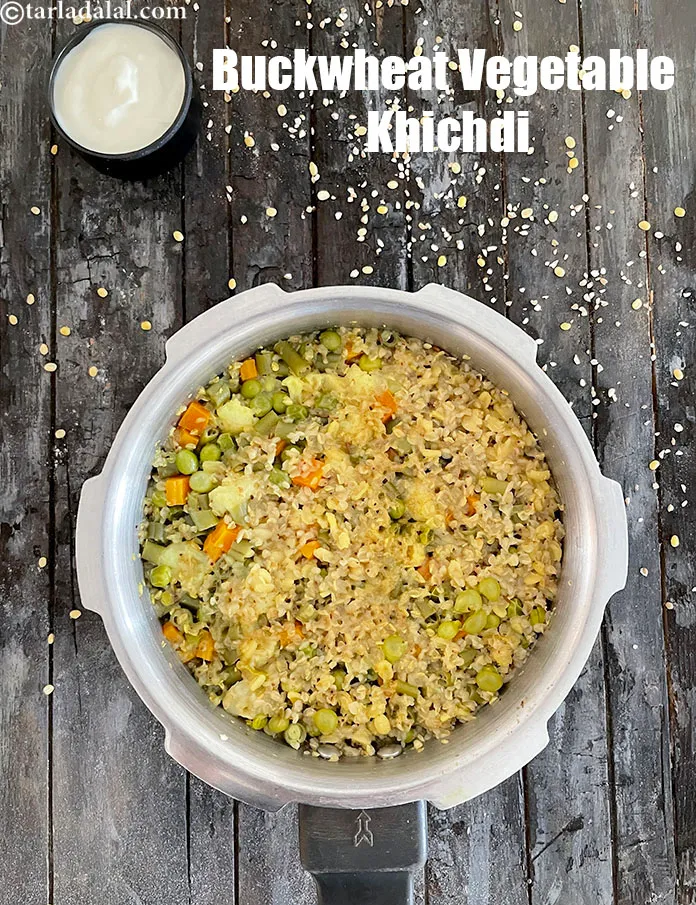 Step 35 – Serve&nbsp;<strong>buckwheat moong and vegetable khichdi&nbsp;</strong>hot with curds.