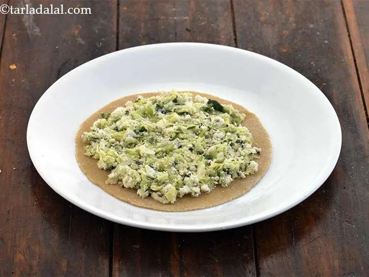 Step 16 – Evenly spread one portion of the stuffing over one roti. Leave about 1/2 centimeter space …