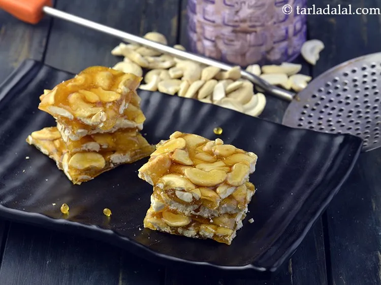 Step 17 – Serve <strong>cashew chikki | cashewnut chikki | cashew nut brittle | kaju chikki</strong> after cooling …